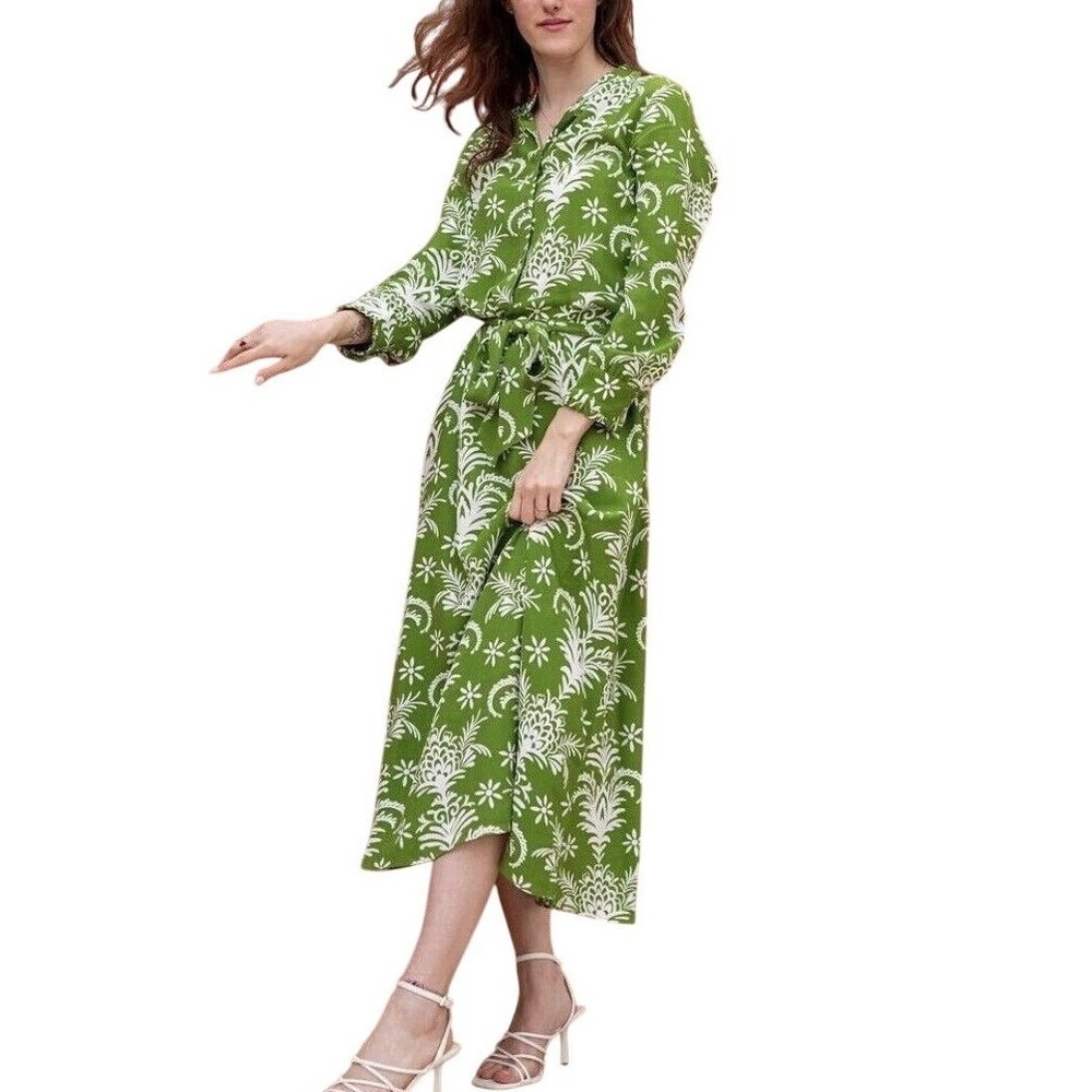 Zara Women's Boho Printed‎ Belted Long Sleeve Button Front Maxi Dress Size 2XL